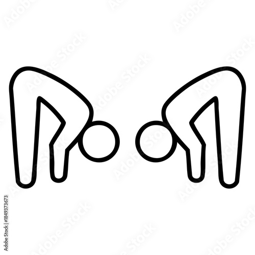 Outline style of two human figures performing synchronized standing forward bends, representing a shared commitment to flexibility and fitness. Related to group yoga sessions, partner stretching