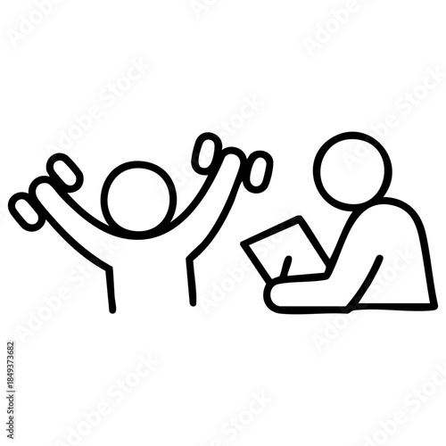 Outline style of two human figures, one triumphantly lifting dumbbells while another sits nearby and records data on a clipboard. Related to personal training sessions, athletic performance testing
