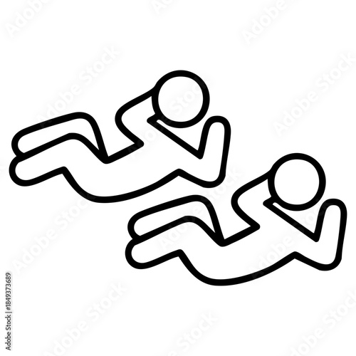 Outline style of two human figures performing abdominal crunches, representing teamwork, synchronized fitness, or a core-strengthening workout session. Related to repetition, group motivation