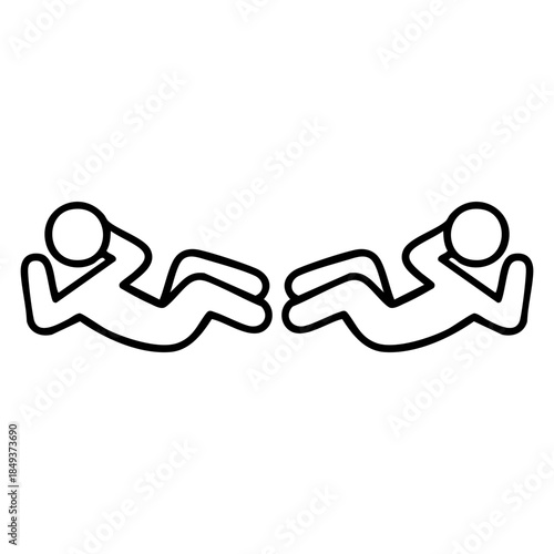 Outline style of two human figures performing abdominal crunches, representing teamwork, synchronized fitness, or a core-strengthening workout session. Related to repetition, group motivation