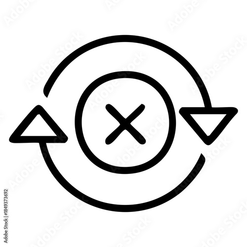 Outline style of an "X" mark enclosed within a circular arrow system, representing a repetitive cycle of denial or failure. Related to debugging processes, system failures, or emotional resilience