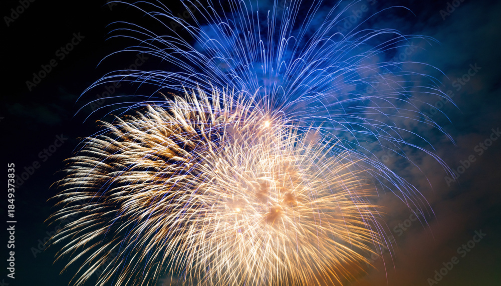 Fototapeta premium Electric Blue and Gold Collision. Happy New Year. Two fireworks simultaneously explode: one a massive brilliant gold burst and the other a streaking electric blue comet. 
