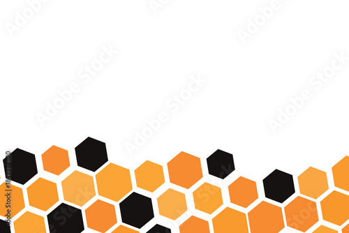 Hexagon pattern with honeycomb, cartoon bees. Vector illustration, geometric texture. Design template for invitation, card. Doodle style. Background with copy space.