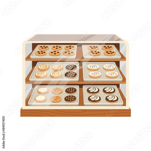 Assorted donuts on display shelves.