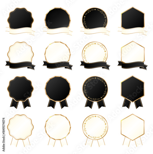 ジェットブラックとアイボリーホワイトの2色展開、アンティークゴールドのフィリグリー装飾と波打つリボンを組み合わせた16種類のラグジュアリーなバッジフレームセット、高級感ある見出し用ベクター素材