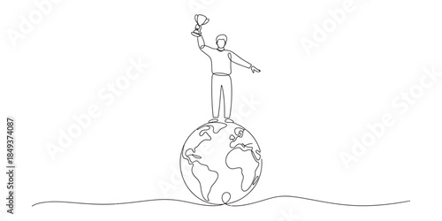 One line drawing of winner standing on globe holding trophy