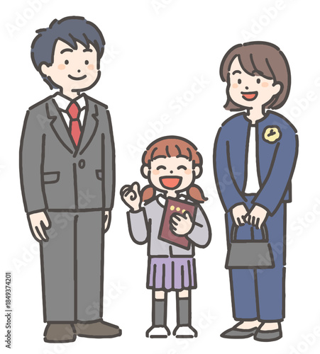 卒園の証書を持って笑顔の、女の子の園児と家族