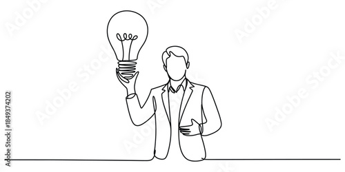 Businessman holding light bulb continuous line drawing idea concept