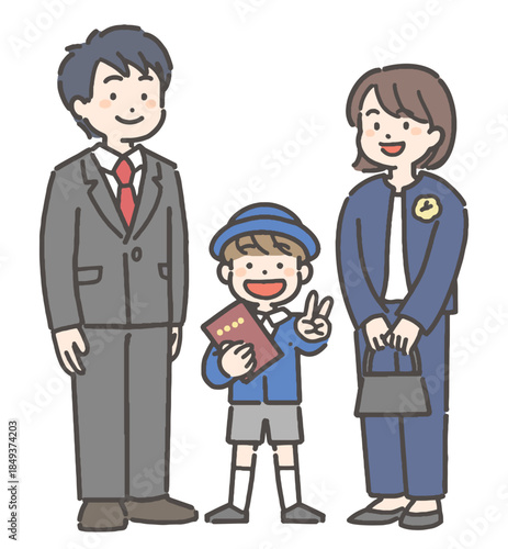 卒園の証書を持って笑顔の、制服を着た男の子
の園児と家族