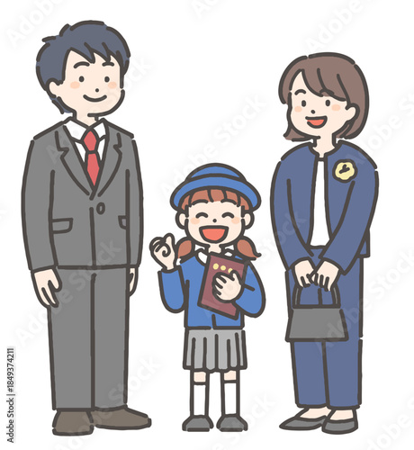 卒園の証書を持って笑顔の、制服を着た女の子の園児と家族