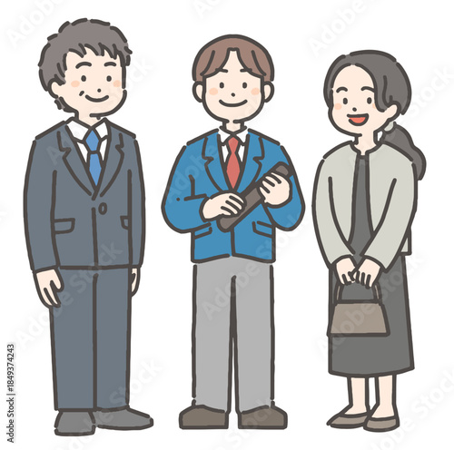 卒業証書を持って笑顔の、男の子の中学生・高校生と家族
