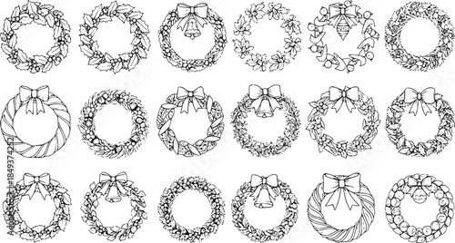 Hand-drawn Black and White Christmas Wreaths Vector Collection. Line art holiday decorations with holly, berries, bows, bells, and elegant designs.