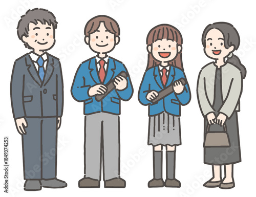 卒業証書を持って笑顔の、男の子と女の子の中学生・高校生と家族