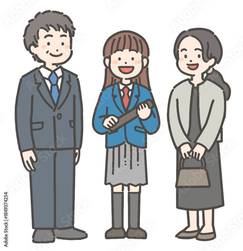 卒業証書を持って笑顔の、女の子の中学生・高校生と家族