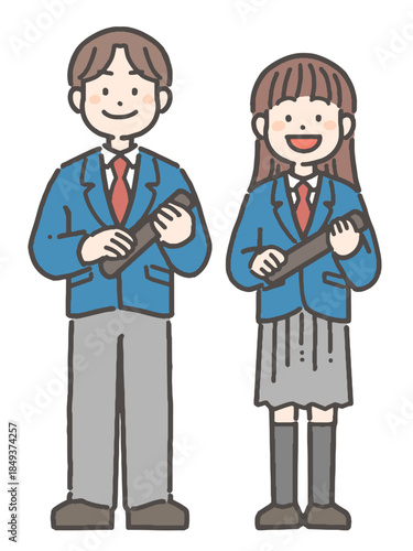 卒業証書を持って笑顔の、男の子と女の子の中学生・高校生