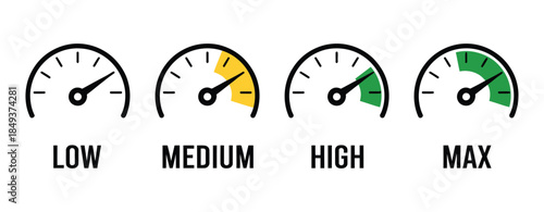 Analog Speed Level Indicators Set, featuring low, medium, high, and max dashboard gauge icons with colorful infographic dials for energy, power, and performance measurement designs