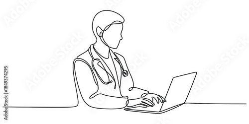 Doctor working on laptop continuous line drawing vector illustration