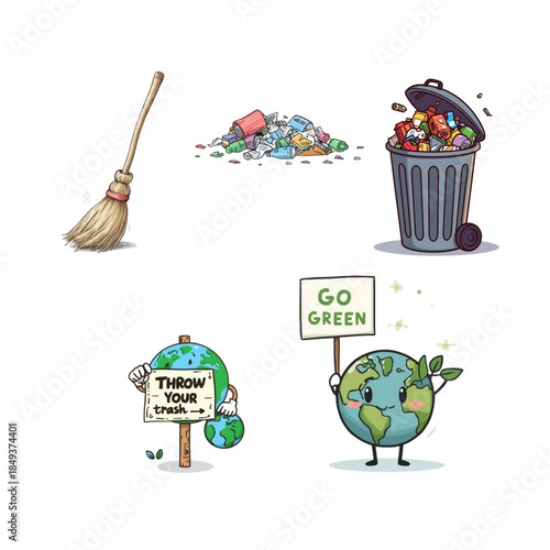 Go Green Eco-Friendly: A captivating illustration featuring a cute Earth character advocating for environmental consciousness. This appealing image combines a symbolic representation of the planet.