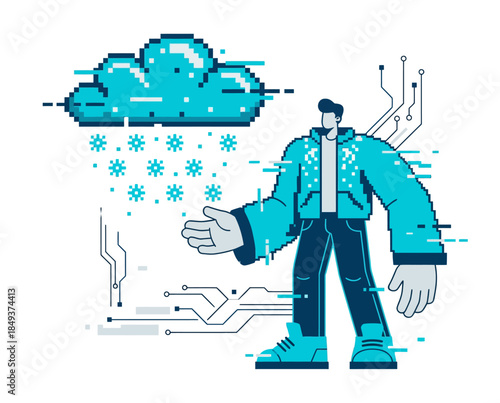 Man interacting with cloud and snowflakes in a digital illustration, flat design, modern technology concept