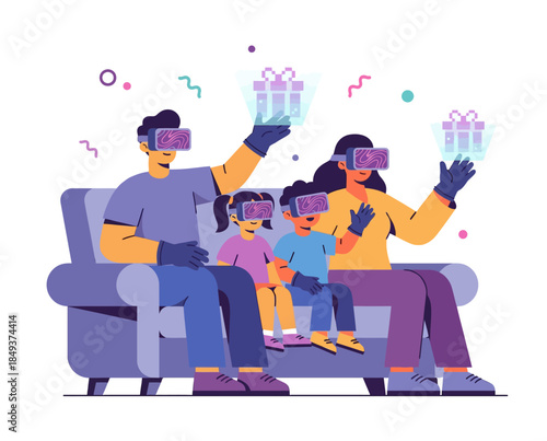 Family enjoying virtual reality experience together on a couch with gifts in a modern living room setting