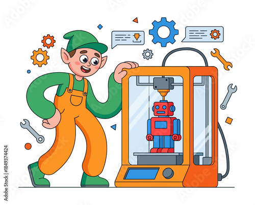 A cartoon elf operates a 3D printer producing a robotic figure surrounded by mechanical parts and thought bubbles