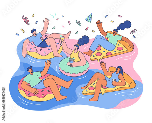People enjoying a leisurely float on inflatables in a vibrant swimming pool scene
