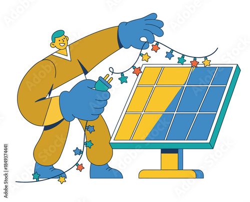 A worker decorates a large solar panel with festive lights in a bright and cheerful environment.