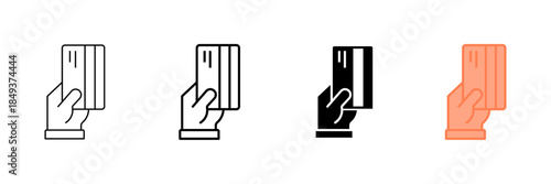 Set of minimalist payment method icons with transparent background, depicting a hand holding a credit card for financial transactions, and secure checkout processes, vector illustration