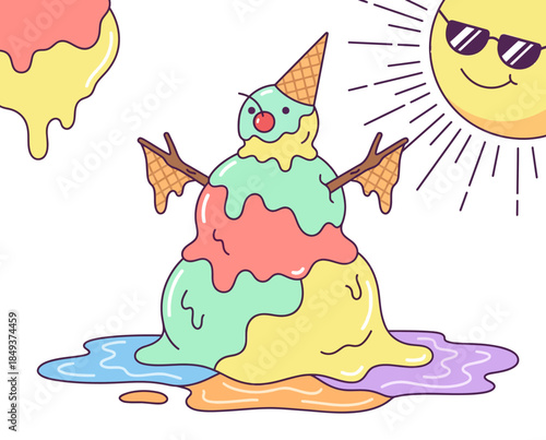 A melting ice cream cone with colorful scoops and a smiling face stands in a puddle under a sun wearing sunglasses, vector illustration