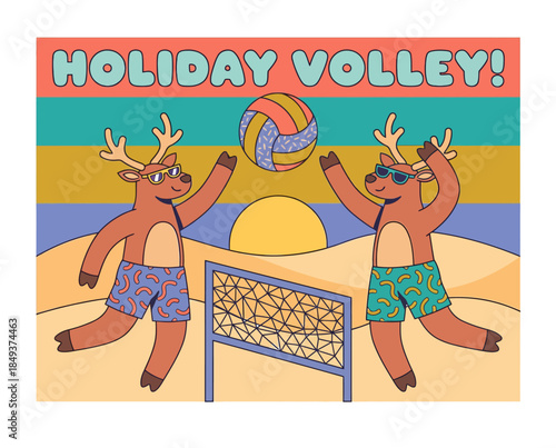 Two deer wearing sunglasses and shorts playing volleyball on a sandy beach during a holiday