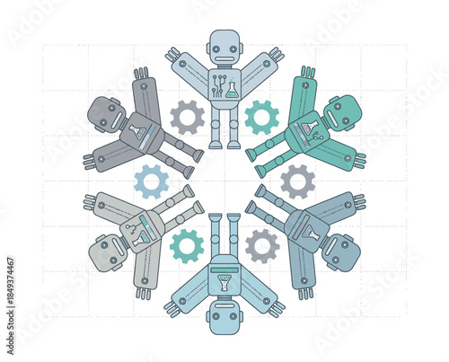 Robots arranged in circular formation with interlocking gears, vector illustration, flat design, stylized mechanical components