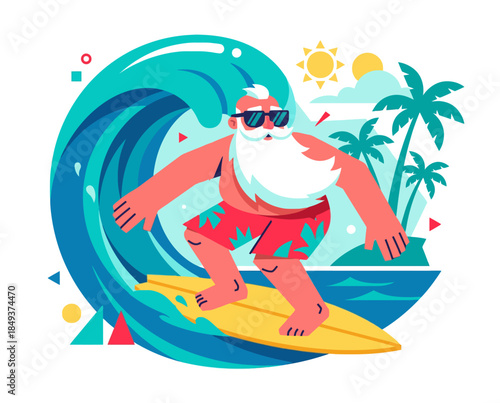 Santa Claus surfing on a wave at a tropical beach in a vibrant vector illustration with flat design and exaggerated proportions