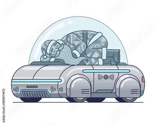 Futuristic Vehicle with Astronaut Inside, Vector Illustration, Flat Design, Exaggerated Proportions, Corporate Memphis Style