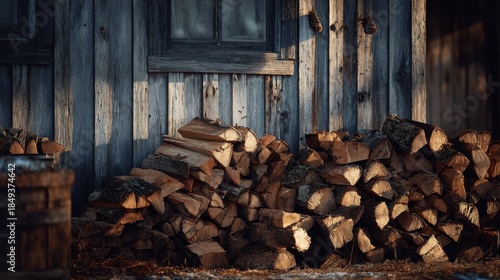 Golden Hour Glow on Rustic Firewood Stacked Against Weathered Barn Wall.