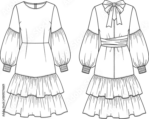 Elegant tiered ruffle women’s dress technical flat sketch with long puff sleeves, fitted waist, bow detail, front and back fashion illustration