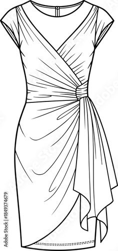 Elegant vector illustration of a women's draped wrap dress with cap sleeves and side ruching, fashion flat sketch technical drawing.