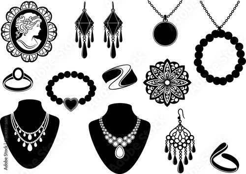 Elegant vintage jewelry silhouette collection featuring cameo brooch, chandelier earrings, layered necklaces, bead bracelets, decorative rings, and ornate pendants, 