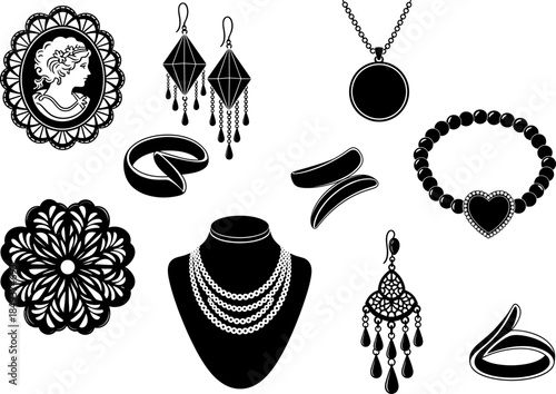 Elegant vintage jewelry silhouette collection featuring cameo brooch, chandelier earrings, layered necklace, bead bracelet, rings, and ornamental designs, detailed black vector illustration set
