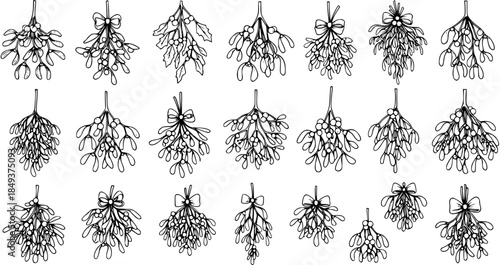 Hand-Drawn Mistletoe Sprigs with Bows - Festive Christmas Holiday Vector Illustrations
