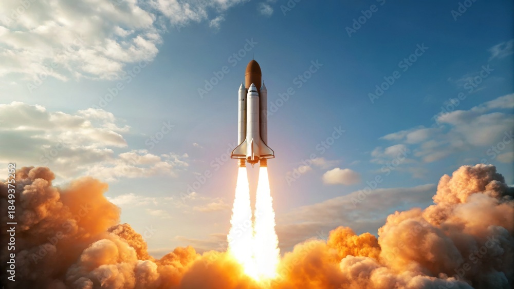 Fototapeta premium A rocket launching into the sky, surrounded by clouds and smoke, symbolizes exploration and technological advancement.
