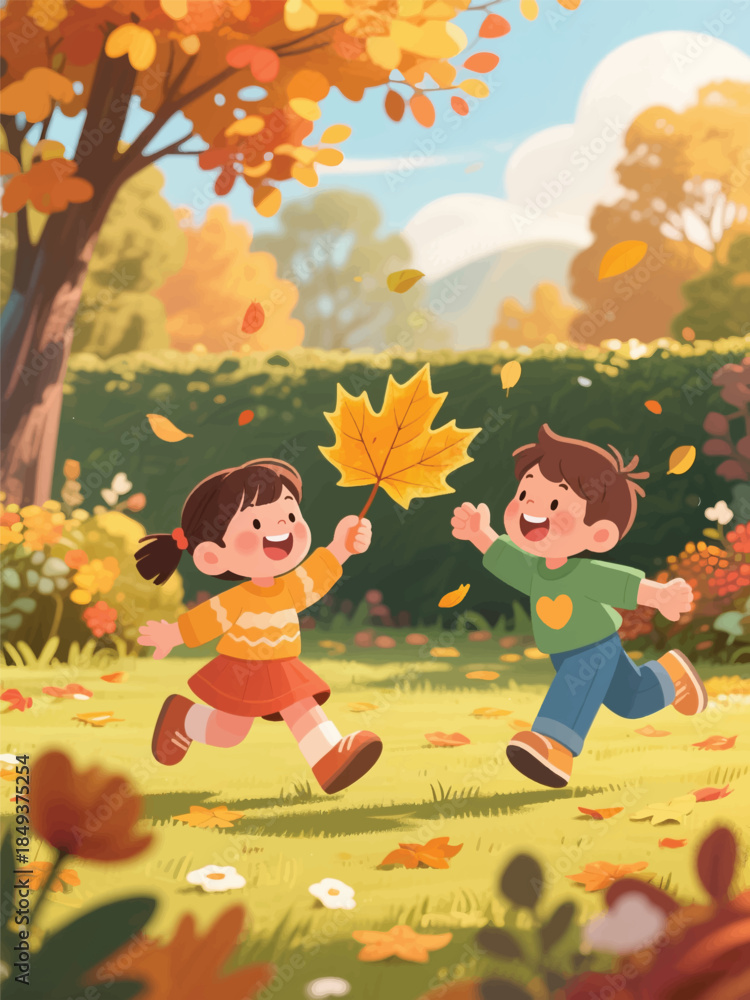 Fototapeta premium Two children playing joyfully among falling autumn leaves in a sunny park. A cheerful moment of seasonal fun and friendship.