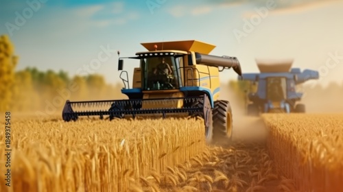 Golden Hour Harvest - Powerful Combines Reaping Ripe Wheat Field Under Warm Sunlight.
