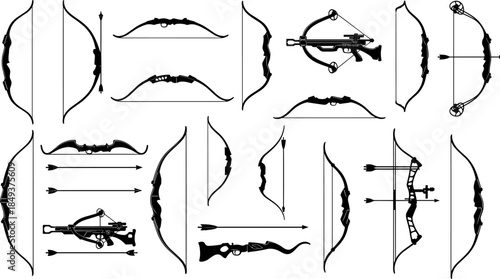 Black Bow and Arrow Vector Silhouette Collection, Archery Equipment Graphic Set with Recurve, Compound Bows, and Crossbows for Hunting, Sport, and Target Practice Design.