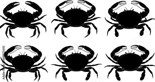 Black Crab Marine Animal Vector Silhouettes Set, Sea Creature Crustacean Graphics for Underwater Fauna, Ocean Ecosystem, Seafood Menu, and Beach Vacation Design.