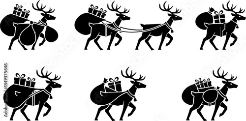 Black Christmas Reindeer Vector Silhouettes Collection, Holiday Deer Carrying Gift Sacks Graphic Set for Festive Season, Winter Decoration, Santa, and New Year Design.