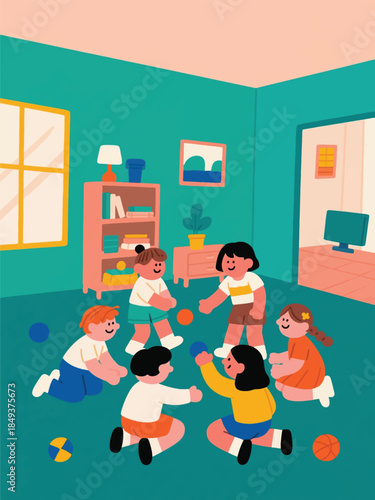 Six children playing with small balls in a colorful indoor room. A joyful moment of social play and interaction.