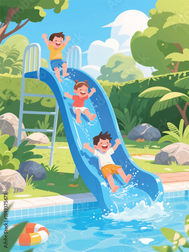 Three smiling children sliding into a pool from a blue water slide in a sunny backyard. A joyful moment of summer fun and excitement.