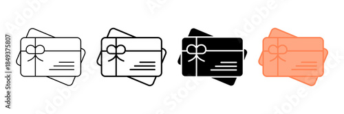 Set of minimalist gift card icons with transparent background, depicting present cards, discount vouchers, bonus offers for shopping, loyalty programs, vector illustration