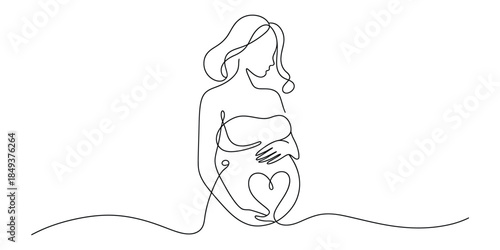 Pregnant woman one line drawing holding belly with heart shape