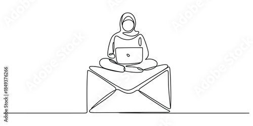 Woman in hijab working on laptop sitting on a large envelope, continuous line art